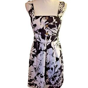 B Smart Womens Dress Sz 12 Black & White Floral Sleeveless Waist Ties Rockabilly